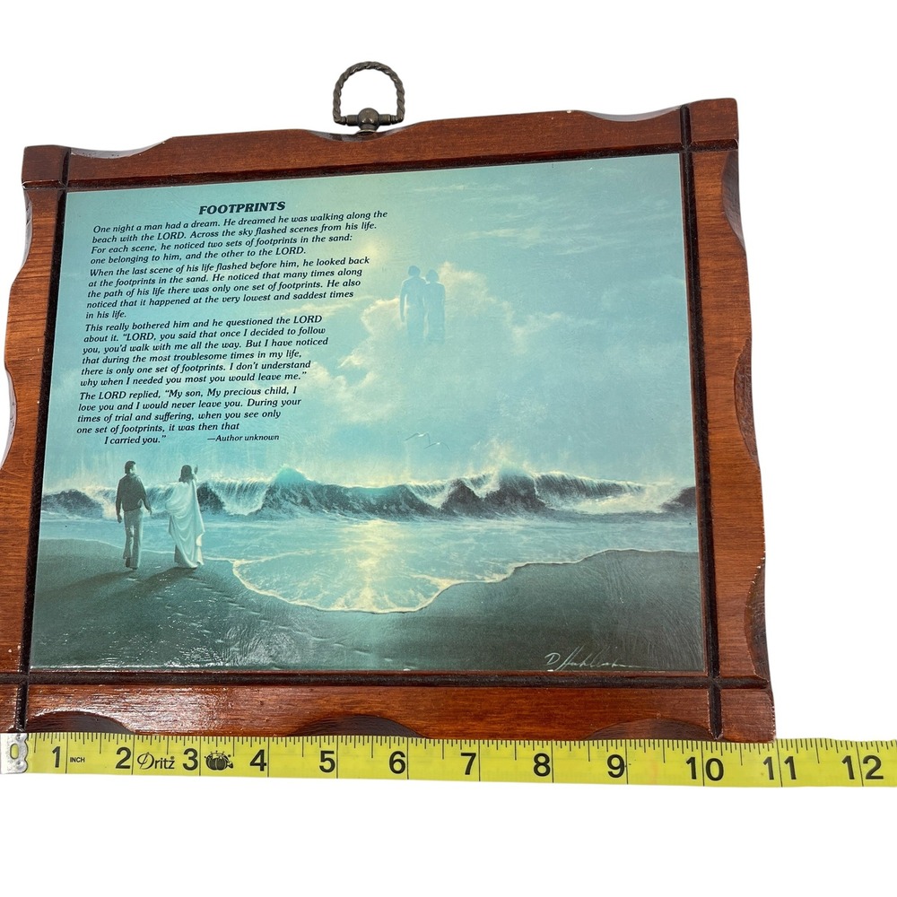Vintage Dicksons Footprints in the Sand Wood Wall Plaque Poem Oil Painting Look - Picture 9 of 11